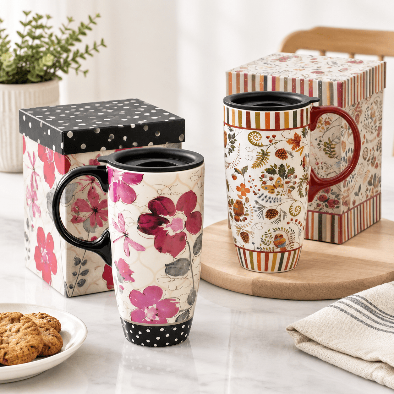 Ceramic Travel Mugs Set Of 2 17oz Flora Coffee Mug With Lids - Walmart.com