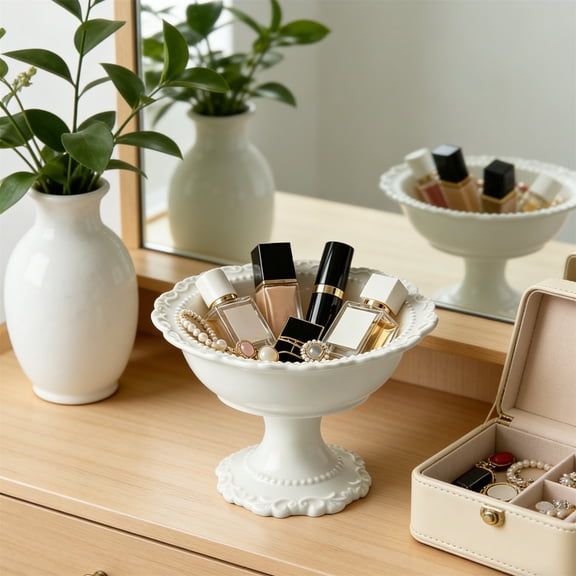 Ceramic Tray Decorative Footed Trinket Bowl Vanity Organizer Dish with Beaded Pedestal for Makeup, Keys, , Necklaces, Home Decor and Bedroom Countertop Display
