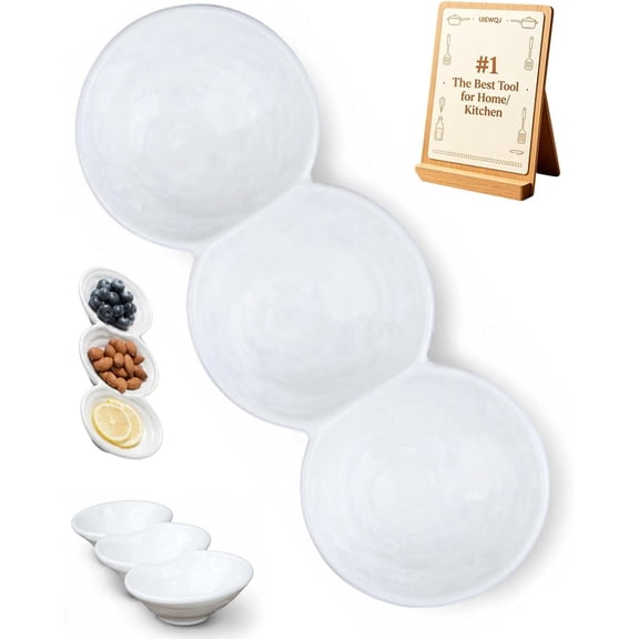Ceramic Triple Bowl Serving Dish, 3-Compartment Tray for Snacks, Chips & Dip, Party Platter