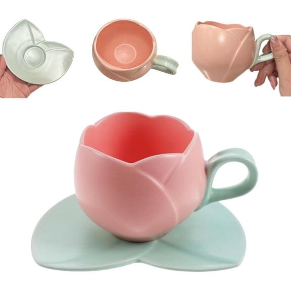 Ceramic Tulip Coffee Mug with Saucer,Cute Tulip Heat-resistant Tea Cup Set with Handle,Retro Pink Flower Shaped Mug with Low Green Handle and Leaf Plate for Home Office (Pink)