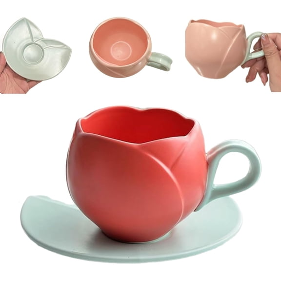 Ceramic Tulip Coffee Mug with Saucer,Cute Tulip Heat-resistant Tea Cup Set with Handle,Retro Pink Flower Shaped Mug with Low Green Handle and Leaf Plate for Home Office (Red)