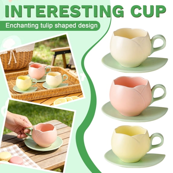 Ceramic Tulip Coffee Mug With Saucer Set,Comfortable Handle Tulip Flower Cup, Smooth Surface Heat-resistant Tea Cup For Office And Home (White)