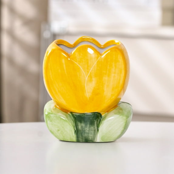 Ceramic Tulip Organizer Pot | Chinoiserie Desk Pen Holder & Mini Flower Vase | Multi-Functional Storage for Makeup Brushes, Office Supplies, Cosmetics | 12.2x11.3x6.9cm | 1 Pc | Porcelain Decor