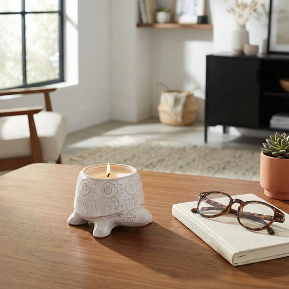 Ceramic Turtle Scented Candle for Living Room Decor - Pillar Candle for Bedroom, Bathroom, or Living Room Decor - Decorative Indoor or Outdoor Votive Candle for Home Accent - 7", White & Ivory
