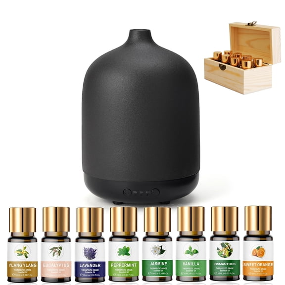 Ceramic Ultrasonic Essential Oil Diffuser 250ml, Handmade Cover Aromatherapy Diffuser for Home, Includes 8 Organic Essential Oils Set