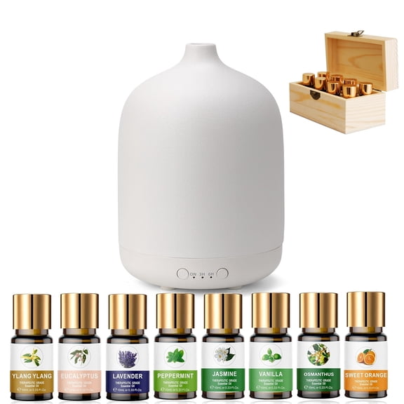 Ceramic Ultrasonic Essential Oil Diffuser 250ml, Handmade Cover Aromatherapy Diffuser for Home, Includes 8 Organic Essential Oils Set