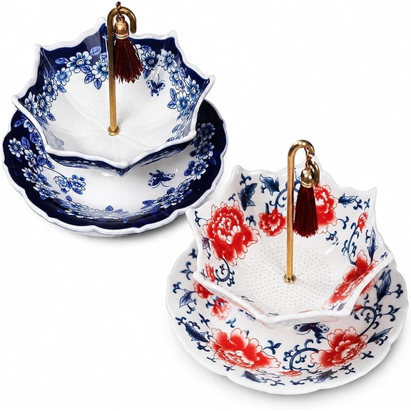 Ceramic Umbrella Tea Infuser for Loose Leaf Tea, Vintage Blue Floral Tea Strainer, Elegant Cottagecore Tea Accessory & Tea Lover Gift (Red)