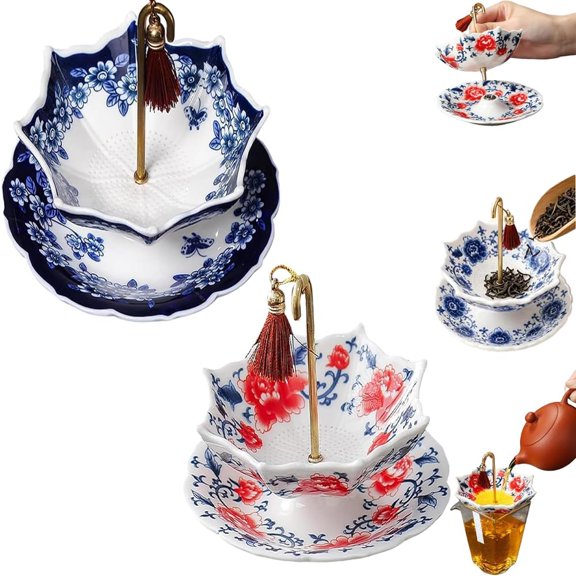 Ceramic Umbrella Tea Strainer, Umbrella Tea Infuser, Rotating Design Tea Diffuser, Blue and White Ceramic Porcelain Tea Infuser with Fine Micro-Pore Design and Drip Base for Mug and Teapot (Mix)