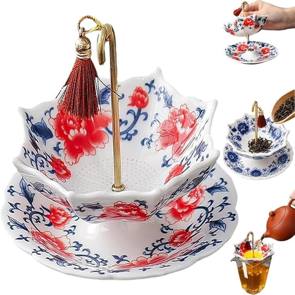 Ceramic Umbrella Tea Strainer, Umbrella Tea Infuser, Rotating Design Tea Diffuser, Blue and White Ceramic Porcelain Tea Infuser with Fine Micro-Pore Design and Drip Base for Mug and Teapot (Red)