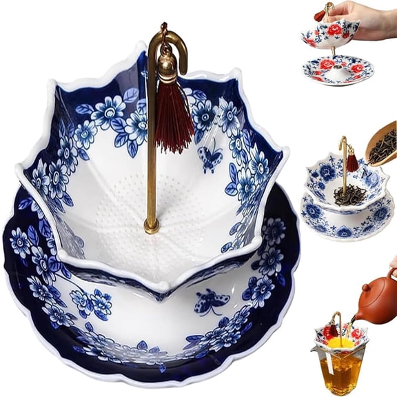 Ceramic Umbrella Tea Strainer, Umbrella Tea Infuser, Rotating Design Tea Diffuser, Blue and White Ceramic Porcelain Tea Infuser with Fine Micro-Pore Design and Drip Base for Mug and Teapot (Blue)