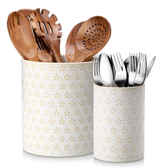 Ceramic Utensil Crock Set Five-Leaf Grass Pattern Countertop Kitchen Organizer