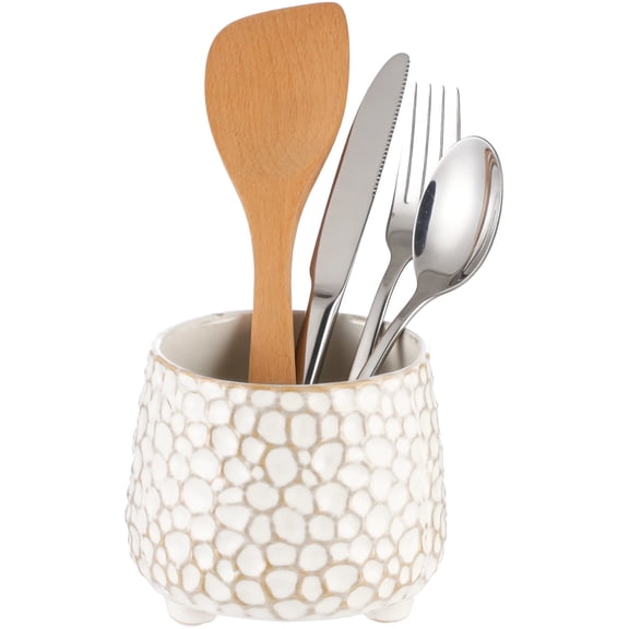 Ceramic Utensil Crock, Utensil Holder for Kitchen Counter, Hammered Ceramic Storage Crock, Farmhouse Pen Holder, Wide Mouth Countertop Flower Pot for Makeup Brushes