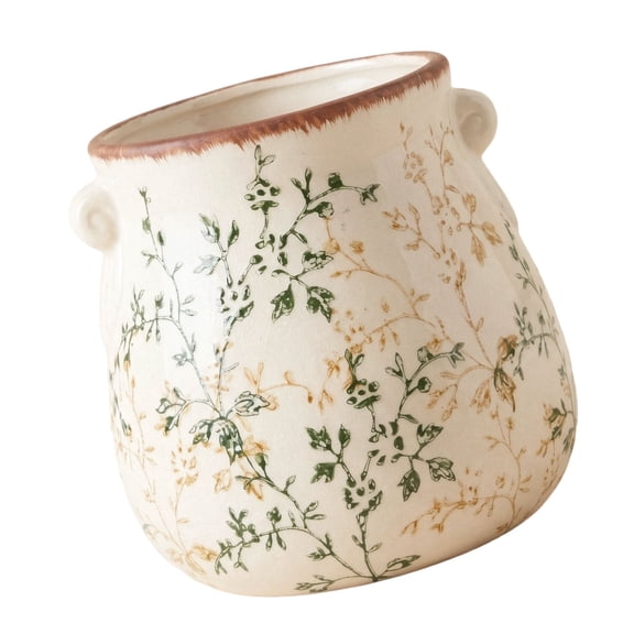 Ceramic Utensil Crock with Double Handles, Vintage Crackle Glaze Kitchen Counter Utensil Holder for Cooking Tools, Flowers and Table Decor