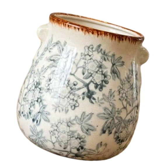 Ceramic Utensil Crock with Double Handles, Vintage Crackle Glaze Kitchen Counter Utensil Holder for Cooking Tools, Flowers and Table Decor