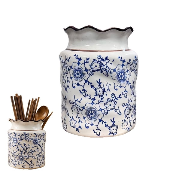 Ceramic Utensil Holder, Farmhouse Rustic Utensil Crock for Kitchen Counter, Large Cooking Spatula Organizer and Kitchen Tool Caddy, Floral Home Decor Crock for Spoons Whisks Ladles, Housewarming Gift