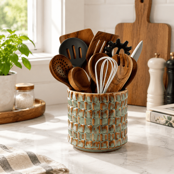 Ceramic Utensil Holder, Lattice Sage Bronze, Small Countertop Cooking Crock with Embossed Pattern