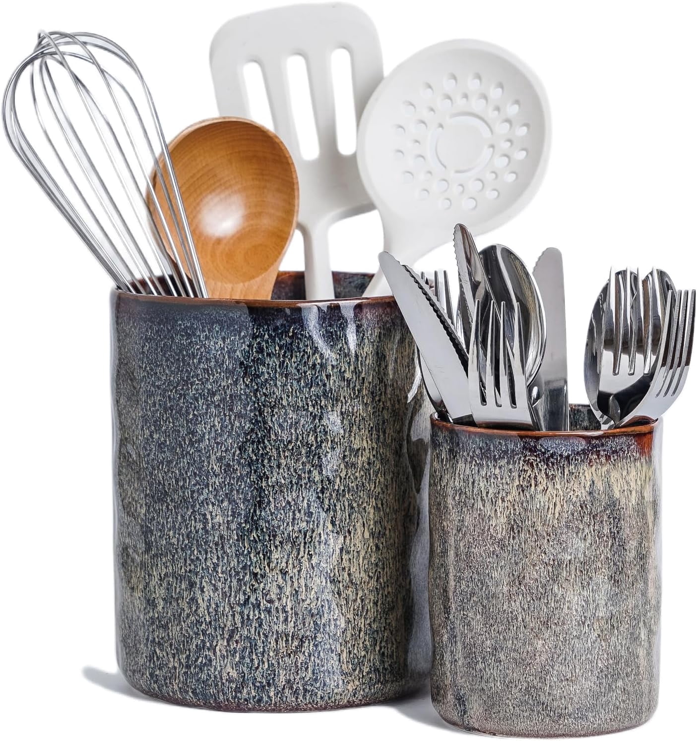 Ceramic Utensil Holder Set of 2, Large Countertop Kitchen Utensil Crocks 7.25" & 5.25", Reactive Glaze, Non-Slip Textured Design, Speckled Black Purple
