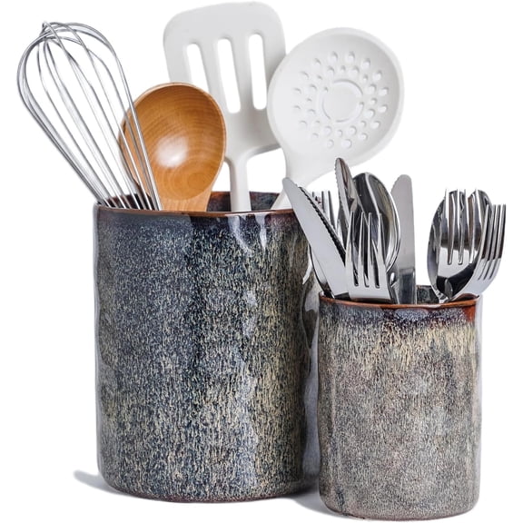 Ceramic Utensil Holder Set of 2, Large Countertop Kitchen Utensil Crocks 7.25" & 5.25", Reactive Glaze, Non-Slip Textured Design, Speckled Black Purple