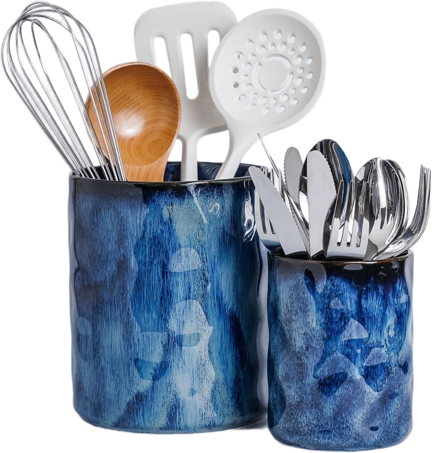 Ceramic Utensil Holder Set of 2, Large Countertop Kitchen Utensil Crocks 7.25" & 5.25", Reactive Glaze, Non-Slip Textured Design, Speckled Black Purple