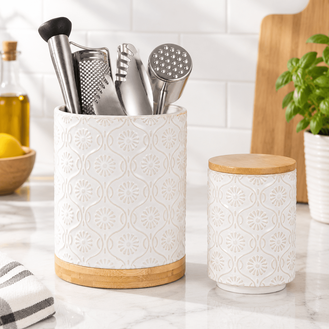 Ceramic Utensil Holder Set 360° Rotating Organizer, Set2-White ...