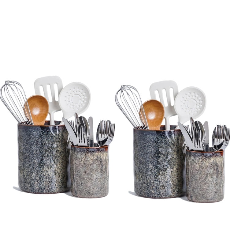 Ceramic Utensil Holder Set of 4, Large Countertop Kitchen Utensil Crocks 7.25" & 5.25", Reactive Glaze, Non-Slip Textured Design, Speckled Black Purple