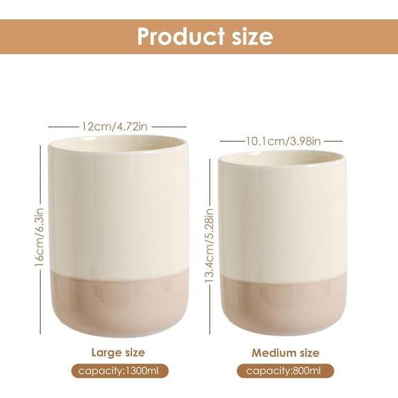 Ceramic Utensil Holder Set, 6.3+5.3 Cooking Tool Crocks for Kitchen Counter, Modern Design Organizer Set of 2, 800ml+1300ml Ideal for Spatula Cutlery