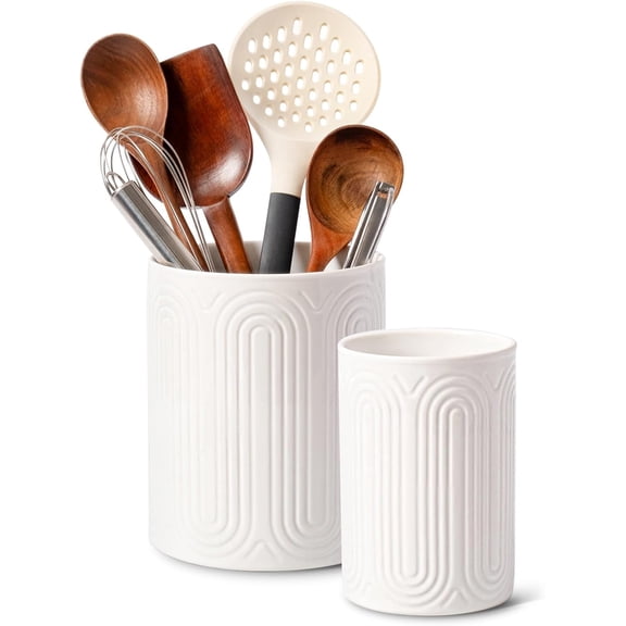 Ceramic Utensil Holder Set 7.1" & 5.4" Kitchen Organizers for Countertop Arch-Design Crocks Farmhouse Decor Counter Perfect Housewarming Gift