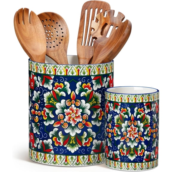 Ceramic Utensil Holder Set 7.3 Inch and 5.5 Inch for Countertop Organization Verdant Jewel