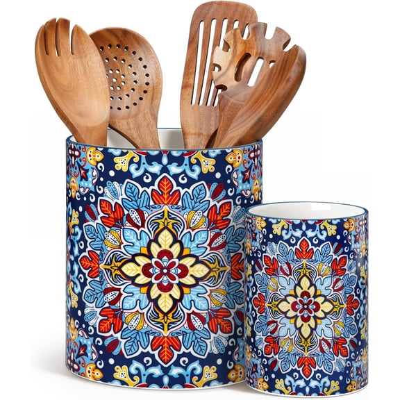 Ceramic Utensil Holder Set 7.3 Inch and 5.5 Inch for Countertop Spatulas Spoons Ladles Whisks Twilight Bloom