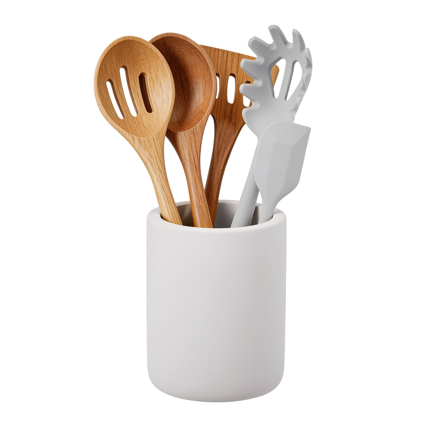 Ceramic Utensil Holder for Kitchen Counter, Large Utensil Crock Organizer, Heavy Stable Holder for Cooking Tools, Modern Countertop Storage Jar, Gray