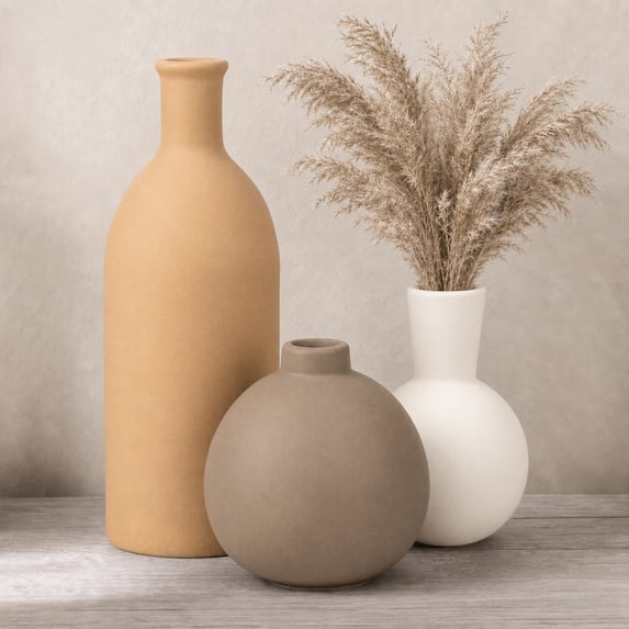 Sanmadrola Ceramic Vase Set for Flowers, Farmhouse Vases Home Decor Pottery Vases for Pampas Grass&Dried Flowers,Suitable for Bedroom, Living Room,Office, Bookshelf,Bathroom, Brown