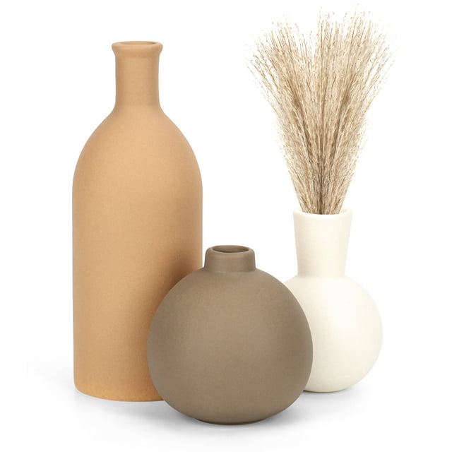 Sanmadrola Ceramic Vase Set for Flowers, Farmhouse Vases Home Decor Pottery Vases for Pampas Grass&Dried Flowers,Suitable for Bedroom, Living Room,Office, Bookshelf,Bathroom, Brown