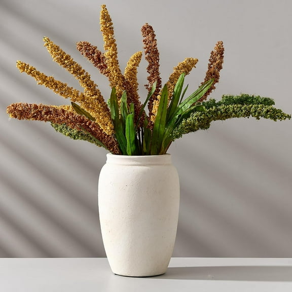 Ceramic Vase, 8.2 Inches Vintage Pottery White Vases, Rustic Home Decor, Farmhouse Terra Cotta Vase for Living Room, Entryway, Floor, Holiday Wedding Christmas New Year Gifts-Beige
