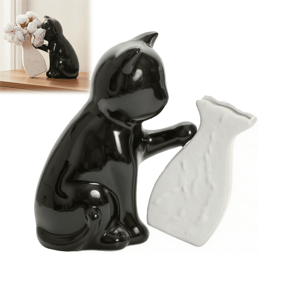 Ceramic Vase Cat Figurine Tabletop Ornament Flower Holder Decorative Sculpture with Artistic Suitable for Living Room entryway Office Desk, Black Cat Pushing Vase