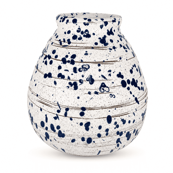 Aria Home Splat Ceramic Vase, 11 Inch Squat Teardrop Decorative Vase with Marine Blue Splatter for Table, Shelf and Modern Home Decor, White