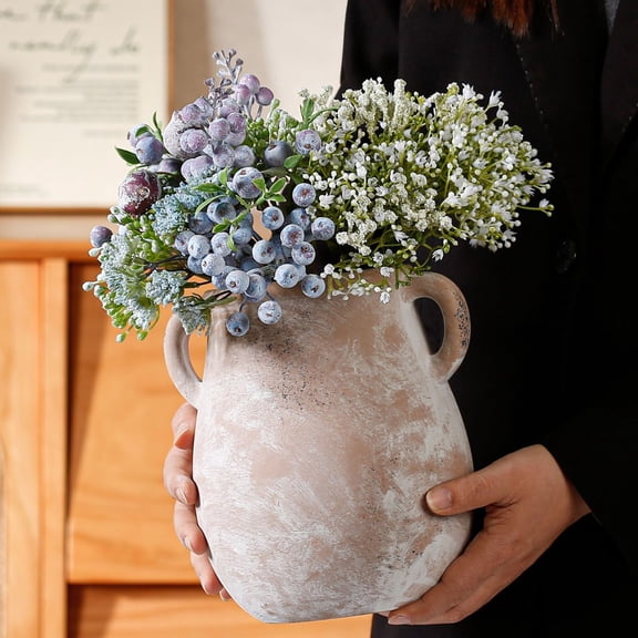 Ceramic Vase, Double Ear Handmade Pottery Vase for Flower Arrangement, Rustic Farmhouse Home Decor, Brown Antique Decorative Centerpiece