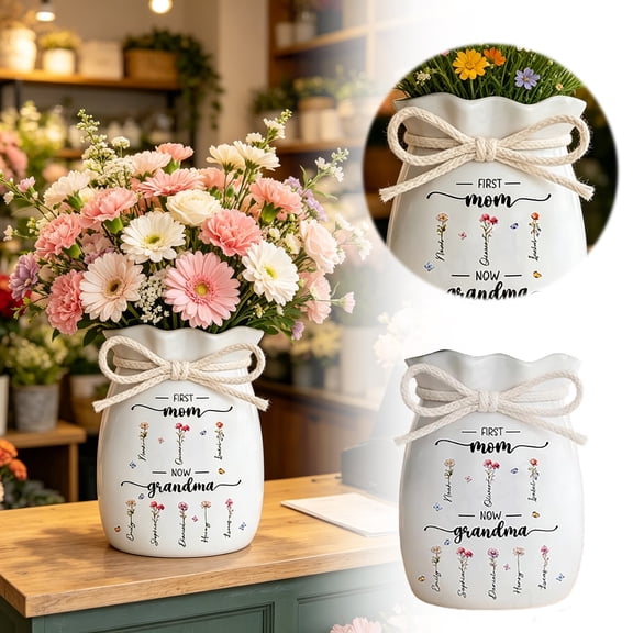 Ceramic Vase First Mom Now Grandma Flower Jar with Bow Mothers Day Gift Keepsake Farmhouse Floral Centerpiece for Grandma and Home Decor