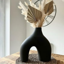 Ceramic Vase for Home Decor, Geometric Donut Vase, Black Vase, Boho Decorative Vase, Modern Farmhouse Decor, Farmhouse Vase for Living Room, Bookshelf, Mantel,Table, Fireplace Decoration