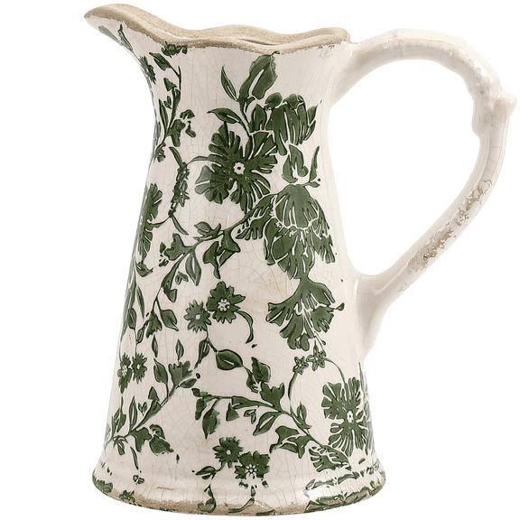 Vintage Vase for Flowers, Floral Chinoiserie Vase, Rustic Ceramic Vase with Handle, Green and White Vintage Vases, Chinoiserie Decor, Pitcher Vases for Home Decor, Shelf, Office