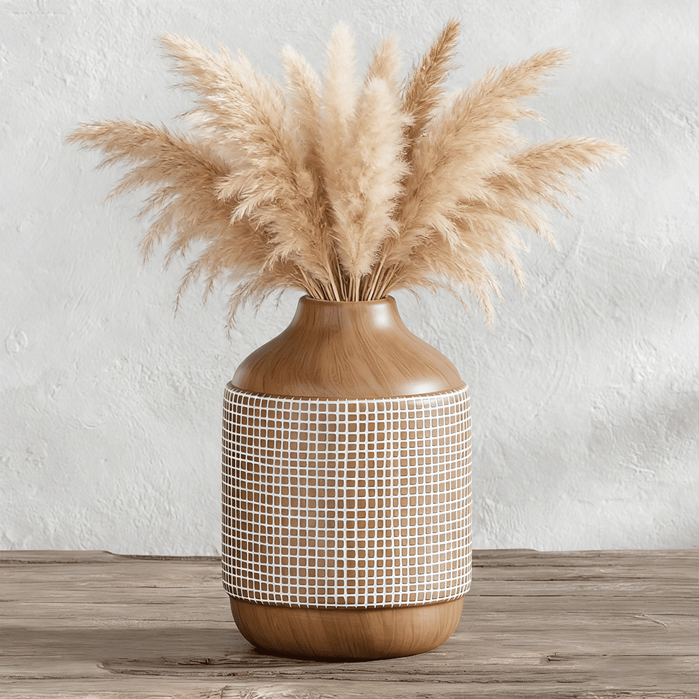 YVTVY Ceramic Vase, Modern Farmhouse Brown & White Textured Flower Vase, Natural Wood Tone Decorative Boho Centerpiece for Table, Shelf, Living Room, Bedroom, 7.6 Inch