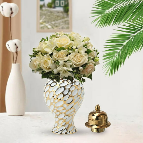 Ceramic Vase Porcelain Ginger Jar Handicraft with Lid Delicate Temple Jar Decorative Storage Jar for Bedroom Home Desk Wedding Party 13cmx26cm