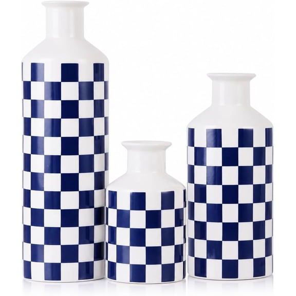 Ceramic Vase Set 3,Mid Century Modern Checkered Small Vases for Flower&Pampas Grass Centerpiece,Checkered Porcelain Vase for Dining Table Kitchen Tabletop Minimalist Decorative (Blue)