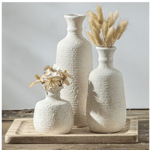 Ceramic Vase Set of 3, Neutral Rustic Vases Home Decor Farmhouse Decorative Vase Whitewashed Pottery Decor Boho Modern for Table Mantel Entryway Bookshelf Living Room Kitchen Bathroom Bedroom - White