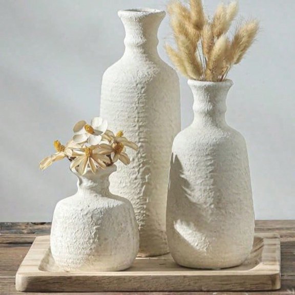 Ceramic Vase Set of 3 Neutral Rustic Vases Home Decor Farmhouse Decorative Vase Whitewashed Py Decor Boho Modern for Table Mantel Entryway Bookshelf Living Room Kitchen Bathroom Bedroom - White