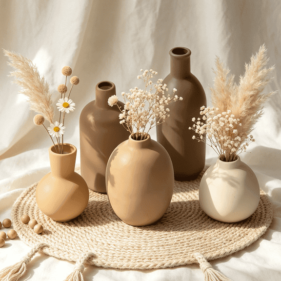 Ceramic Vase Set of 5, Vases Home Decor Rustic Farmhouse Decorative Vase Pottery Vases for Bouquet Pampas Grass Dried Fresh Flowers, Table Living Room Kitchen Bedroom Bathroom - Brown