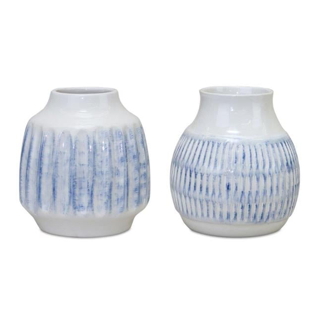 Soft Blue & White Glazed Ceramic Vase Set 6" Trio