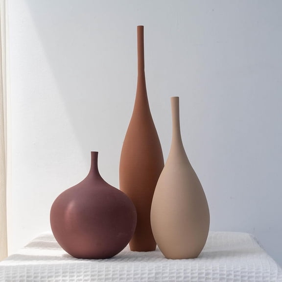 Ceramic Vase Set of 3 Modern Matte Ribbed Farmhouse Centerpiece Vases for Home Decor (Brown Khaki Dark Red)