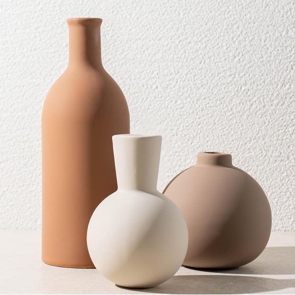 Ceramic Vase Set of 3, Vases Home Decor Pottery Vases for Bouquet Pampas Grass Dried Fresh Flowers, Table Living Room Kitchen Bedroom Bathroom, Brown