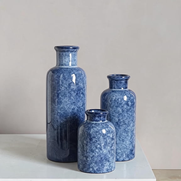 Ceramic Vase Set of 3, Vintage Chinoiserie Floral Crackle Glaze Vases, Rustic Farmhouse Decorative Vases for Table Centerpiece Home Decor, Blue