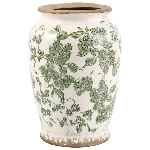 Vintage Ceramic Vase – Green Floral Chinoiserie Design, Rustic Large Vase for Flowers, Tuscan & Farmhouse Decor, 7.8 Inch Handcrafted Vase for Living Room, Office, or Shelf